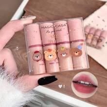 4 件套迷你泰迪熊唇彩套装 - 哑光天鹅绒唇膏，易于涂抹，持久液体唇膏，适合女性和学生 - 四支快樂小熊唇釉 - 查看 11