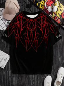 男士线条印花圆领短袖 T 恤，休闲夏季 T 恤 - 彩色 - 查看 1