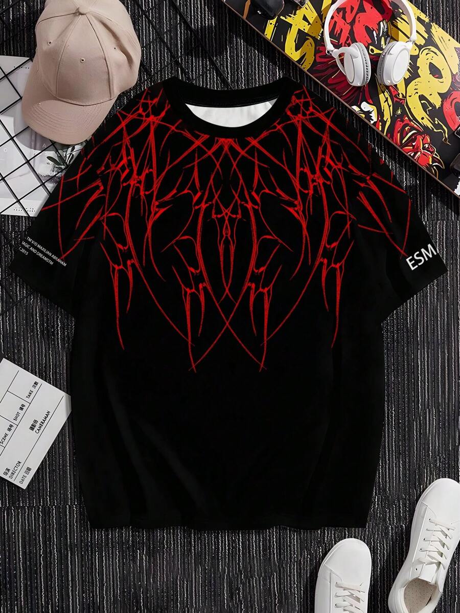 男士线条印花圆领短袖 T 恤，休闲夏季 T 恤 - 彩色 - 查看 1