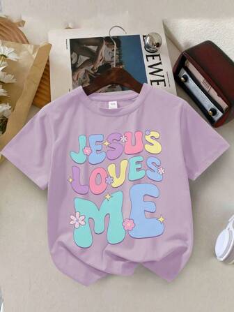 Tween Girl Slogan And Flowers Print Crew Neck T-Shirts Spring And Summer Girl's Casual Tee Soft Tops