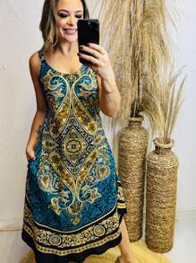 A-Line Dress With Arabesque Design - 藍色 - 查看 1