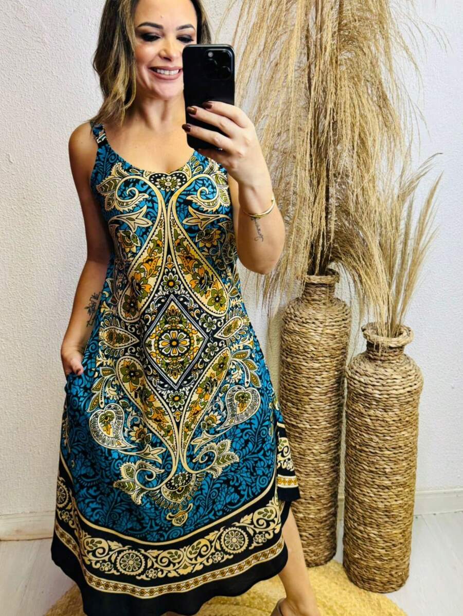 A-Line Dress With Arabesque Design - 藍色 - 查看 1