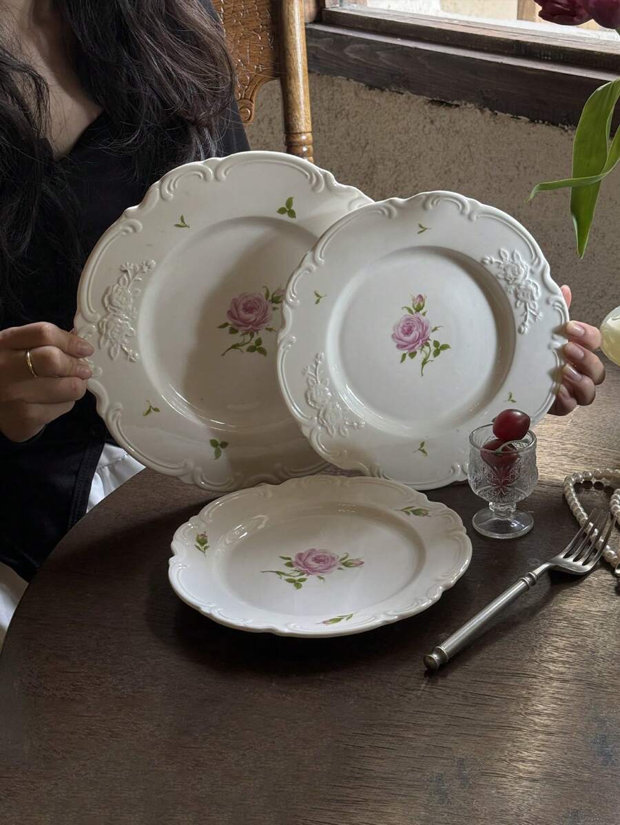 1 chiếc đĩa gốm hoa hồng hồng chạm nổi ren cổ điển của Pháp, đĩa tráng miệng gia đình/nhà hàng, quà tặng ngày lễ cho bạn bè và bạn học