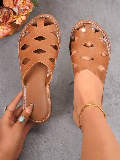 Büyük Beden Kadın Yazlık Terlikler, Şık Minimalist Tasarım, Rahat, Kapalı Burun, File, İçi Boş, Nefes Alabilir, Kaymaz, Hafif, Plaj, Açık Hava Sandaletleri, Siyah, Kahverengi