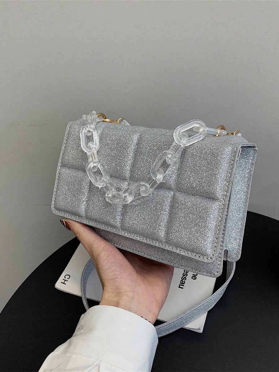 外贸亚克力链条装饰包女，2025新款时尚闪亮链条压花单肩/斜挎简约小方形手提包