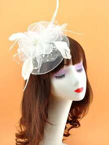 1pc Kids Costume Accessories, Performance Wedding Headpiece, European & American Retro White Veil Feather Small Hat, Party Decor - White - View 4