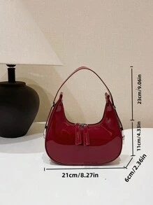 全新迷你漆皮可调节肩带单肩包腋下月牙包百搭时尚女包休闲包圣诞礼物派对前卫简约 - 酒紅色 - 查看 8