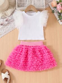 2pcs/Set Young Girl Mesh Patchwork Cap Sleeve T-Shirt + Tutu Skirt