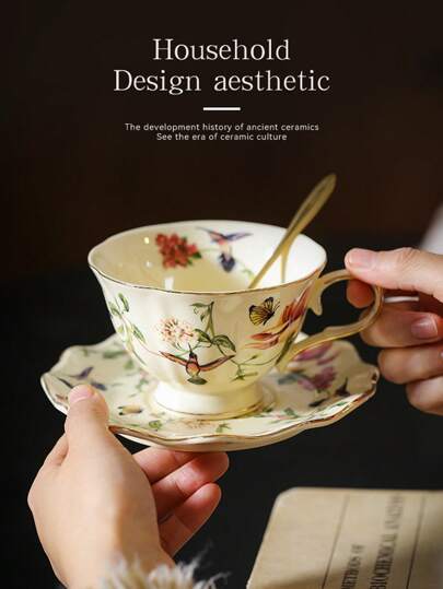 1pc Vintage Style Floral & Bird Printed Ceramic Coffee Cup With Saucer, Gold-Trimmed, Homeware Tea Set Back To School