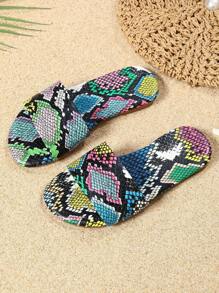 2025 New Snake Skin Pattern Girls Flat Sandals, Fashion & Versatile Open Toe Non-Slip Strap Flat Slippers - Multicolor - View 3