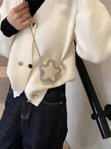 1 件秋冬新款五角星链条迷你斜挎包，水钻装饰盒磁扣包，时尚女士和女孩，适合日常购物、旅行和生日礼物 - 金色 - 查看 6