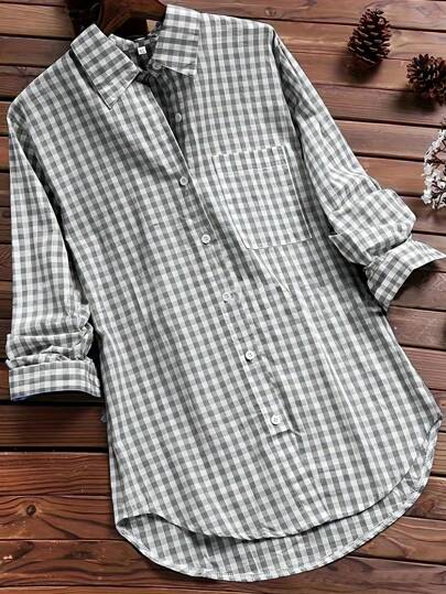 Women's New Comfy Casual Plaid Shirt, Lapel Collar Long Sleeve, For Commute
