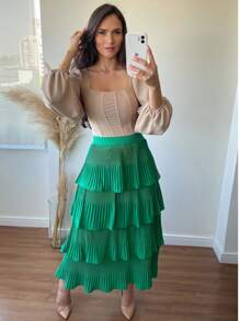 Pleated Skirt With 4 Ruffles, 4 Marias, 4 Layers - Green - View 1