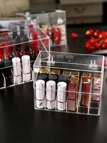 1 pieza Soporte con tapa para 18 lápices labiales, organizador de almacenamiento rectangular y redondo a prueba de polvo para lápices labiales, brillo de labios, pinceles, organizador de maquillaje con múltiples compartimentos y gradiente, expositor acrílico para esmalte de uñas con tapa transparente