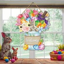 1Pc Easter Welcome Wooden Wall Hanging Plaque Sign Easter Bunny Cross Door Sign Wreath Decor For Spring Easter Indoor Outdoor Home Farmhouse Porch Decorations,Rustic Wood Front Door Sign Easter Spring Flower Hanging Wood Sign Easter Theme Party Decor