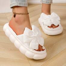 1 Pair Cute Solid Color Bow Cloth Lady House Slippers, Thick Anti-Slip Soft EVA Sole, Breathable Comfort Vamp, Suitable For All Seasons