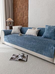 1pc Plain Chenille Sofa Cover, High Density Thickened Design For All Season Universal Sofa Protector, Anti-Slip Anti-Scratch Sofa Slipcover For Living Room, Bedroom, Study Room, 1/2/3/4 Seater With Armrest & Backrest - Blue - View 6