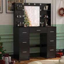 Favourite Gift Vanity Table Makeup With 10 Led Lighted Mirror Dressing Open Shelf And 7 Drawers - Black - View 5