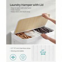 Laundry Hamper, 39.6 Gallons (150L), 3-Section Laundry Basket, Laundry Hamper With Lid, Bamboo, Foldable, Removable And Machine Washable Liner, For Laundry Room, Bedroom, White ULCB091W01