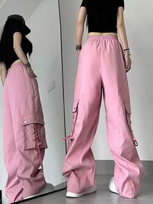 Women's Loose Fit Solid Color Cargo Pants With Tie Details