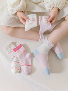 5 Pairs Girls Mesh Breathable Mid-Calf Socks, Cute Cartoon Cat Design, Suitable For Spring & Summer - Multicolor - View 6