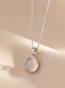 1pc S925 Minimalist Chic Niche Exquisite Geometric Circle White Agate Necklace, For Women Daily Wear, Gift