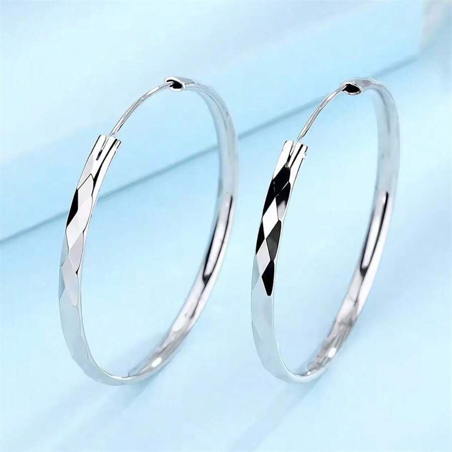Elegant 1 Pair 925 Silver Plated 50MM Big Hoop Earrings For Women Fashion Charm Jewelry Wedding Birthday Party Gift - Silver - View 1
