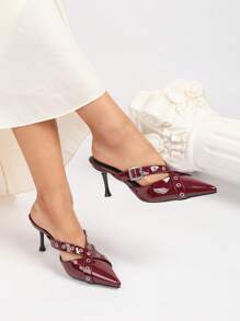 勃艮第红色尖头高跟铆钉玛丽珍穆勒鞋，带金属扣，优雅的办公室和派对时尚女士高跟鞋 - 酒紅色 - 查看 2