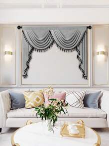 1pc Grey Fringed Curtain, Modern Business Style Imitation Linen Material Short Valance, Suitable For Living Room, Bedroom, Kitchen Window And Door Decoration