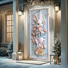 1 pieza Decoración de puerta con corona de Pascua, conejo y huevo, de 35.4*70.9 pulgadas de poliéster, diseño rústico con conejo realista y huevos decorativos, ideal para la entrada del hogar, jardín, patio y decoración de eventos, sin necesidad de electricidad