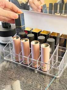 1 pieza Soporte con tapa para 18 lápices labiales, organizador de almacenamiento rectangular y redondo a prueba de polvo para lápices labiales, brillo de labios, pinceles, organizador de maquillaje con múltiples compartimentos y gradiente, expositor acrílico para esmalte de uñas con tapa transparente