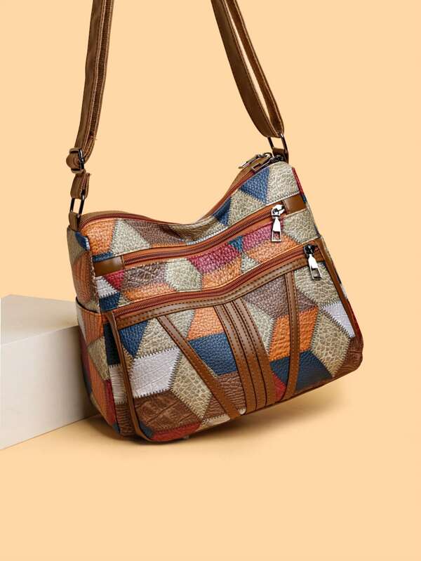1 pezzo Borsa a tracolla in PU con patchwork per donna, grande capacità con più tasche, borsa a tracolla casual e versatile per uso all'aperto/pendolarismo