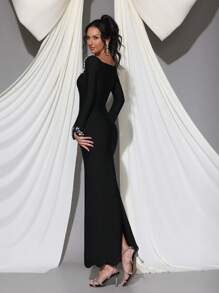 Modphy Black Long Sleeve Luxury Handmade Pearl Embellished Bodycon Bandage Dress, Elegant Bridesmaid Dress For Formal Wedding, Party, And Banquet,Gown,Evening,Wedding Guest