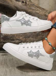 2025 Autumn/Winter New Casual Lace-Up Flat Low-Top Sneakers, Versatile Star Pattern White Shoes For Teenagers And Students