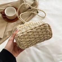 时尚百搭纯色草编手提包，休闲手提单肩包，带蝴蝶结装饰，适合旅行、购物