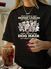 Summer And Spring Patterned T-Shirts, Short-Sleeved Round Neck Casual Tops, Women's Clothing - 黑色 - 查看 1