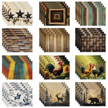 Set de 4 manteles individuales con diseño de estrella de estilo granja vintage, manteles individuales de grano de madera rústica de lino, manteles individuales con estampado de animales de granja, adecuados para cocina, hogar, fiesta, decoración de mesa, 12x16.5 pulgadas