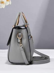 金属装饰方形手提包、翻盖拼色单肩包、女式带扣装饰单肩包、女式小号斜挎钱包和手提包、PU 皮革翻盖钱包 - 淺灰色 - 查看 6