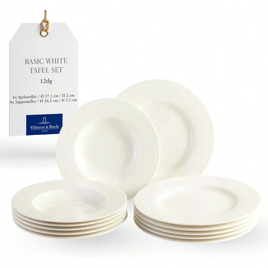– Villeroy & Boch Group – Basis WeißGeschirrset 12 Teile Weiß, Teller, Geschirrset, Abendessen für 6 Personen, Premium Porzellan YEH3 - Tischservice - Übersicht 1