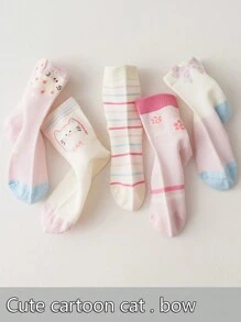 5 Pairs Girls Mesh Breathable Mid-Calf Socks, Cute Cartoon Cat Design, Suitable For Spring & Summer - Multicolor - View 2