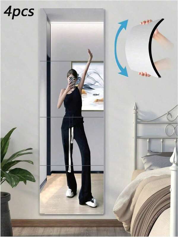 4pcs Full Body Frameless Edging Fitting Mirror, Self-Adhesive Glass Splicing Mirror, Home Wardrobe Dance Mirror Home Bathroom Decor Bath Rug Floor Carpet Fall Decor Bathroom Accessories