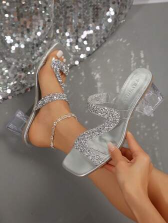 Plus Size Women Rhinestone Decoration Open Toe Comfortable Leather Transparent Thick Heel Slides Sandals, Casual Fashion Summer Beach Slippers