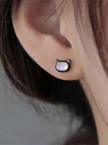 1 Pair 925 Sterling Silver Shell & Black Cat Stud Earrings, Unique High-End Earrings For Women - Earrings - View 8