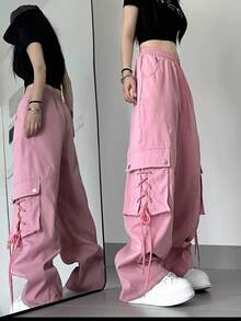 Women's Loose Fit Solid Color Cargo Pants With Tie Details