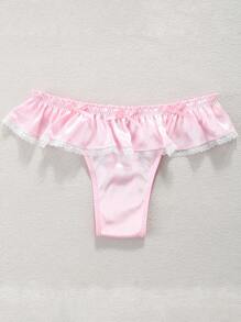 Sexy Pink Romantic Cute Ruffle Hem Women's Bra & Panty Set, T-String Underwear Suitable For Valentine's Day - Pink - View 4