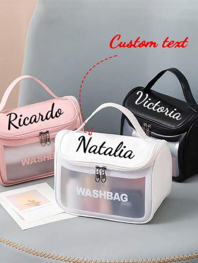 Custom Women's Makeup Bag - Semi-Transparent PVC Matte Toiletry Bag, Large Capacity Handbag, PU Flip Cover Portable Pouch - Travel Bag - Exclusive Gift Christmas Beauty Accessories