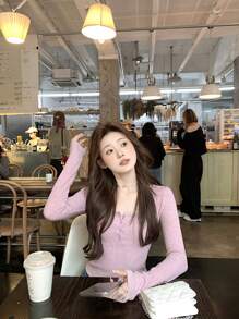 精致蕾丝边 U 领柔软针织底层套头衫，高弹力百搭内衣 - 紫色 - 查看 5