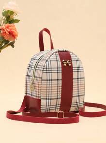 Kleiner Rucksack für Damen im Karomuster Kontrastfarben, lässig-schicker Rucksack mit Schleife - Bordeaux - Übersicht 3