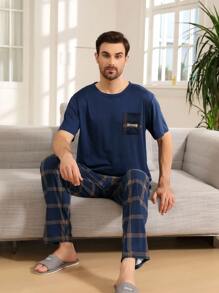 QIANNIANMA 2 Stück/Set Herren Kurzarm & Lange Hose Loungewear Set, locker sitzender Lässig Pyjama Anzug für Jugendliche & Erwachsene, geeignet für Frühling/Sommer