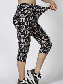 女式休闲七分紧身裤，全长字母印花，高弹力柔软面料，适合健身、训练、跑步、户外活动、室内运动、瑜伽、露营、旅行，海军蓝 - 藏蓝色 - 查看 6